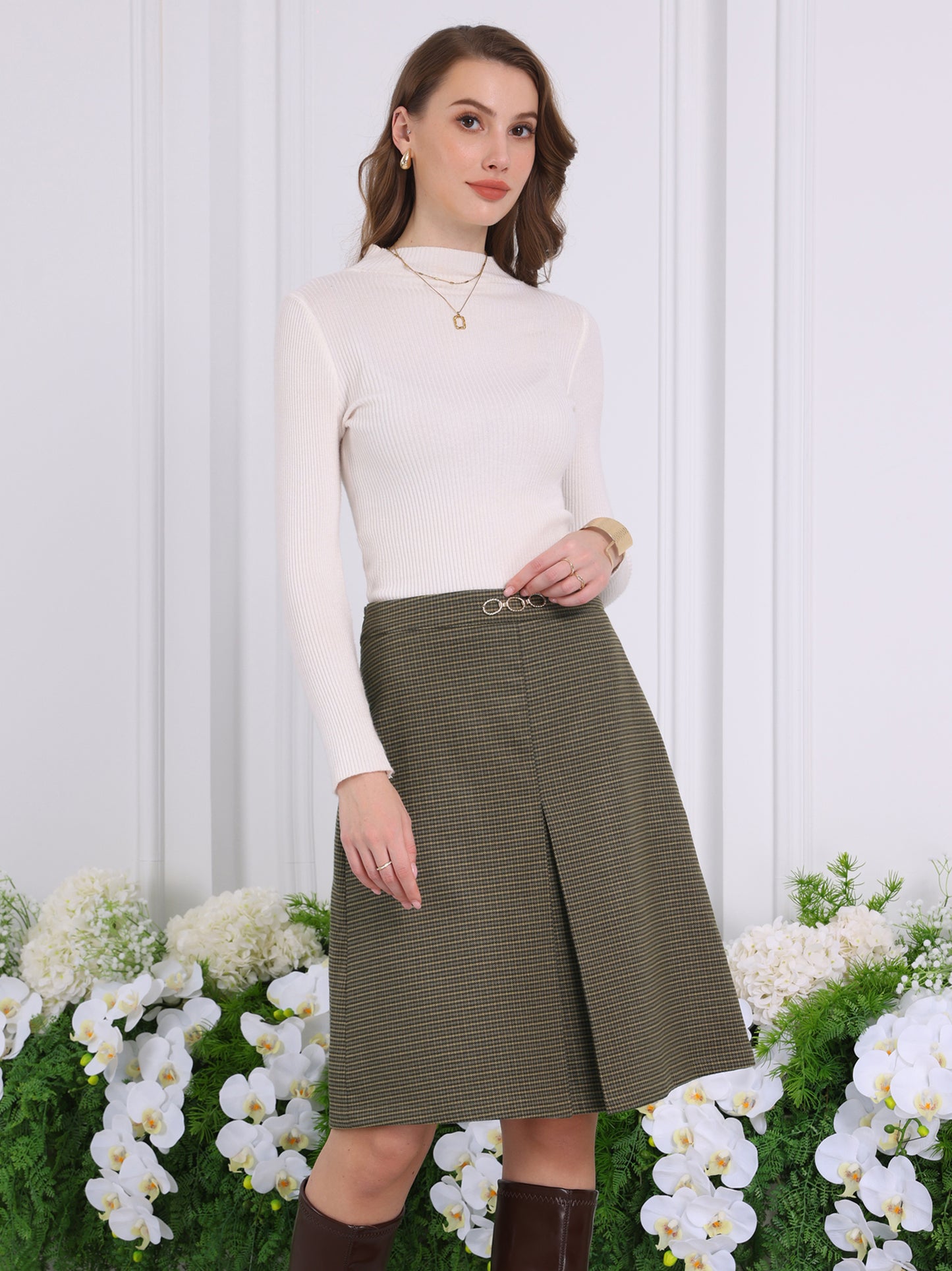 Women's Knee Lenght Skirt Office High Waist Tartan Plaid Skirt