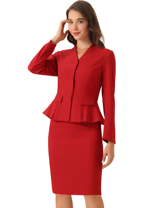 Women's Business 2 Piece Suit Set Long Sleeve Collarless Peplum Blazer Pencil Skirt