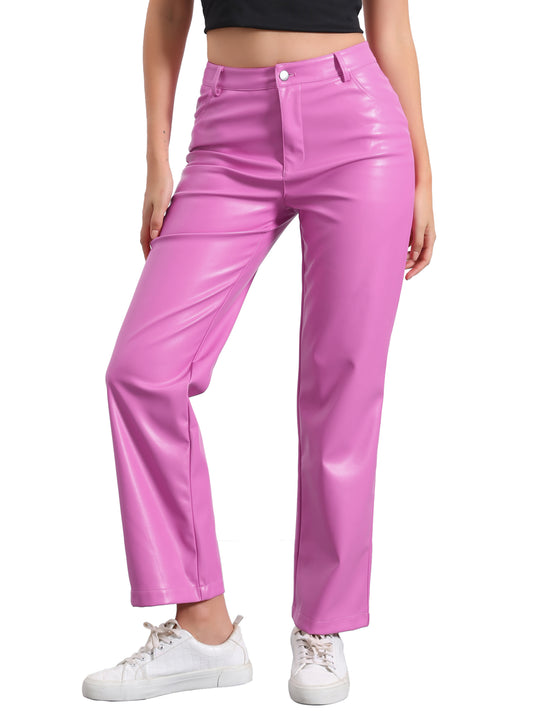 Women's High Waist Straight Leg Punk PU Trousers Faux Leather Pants
