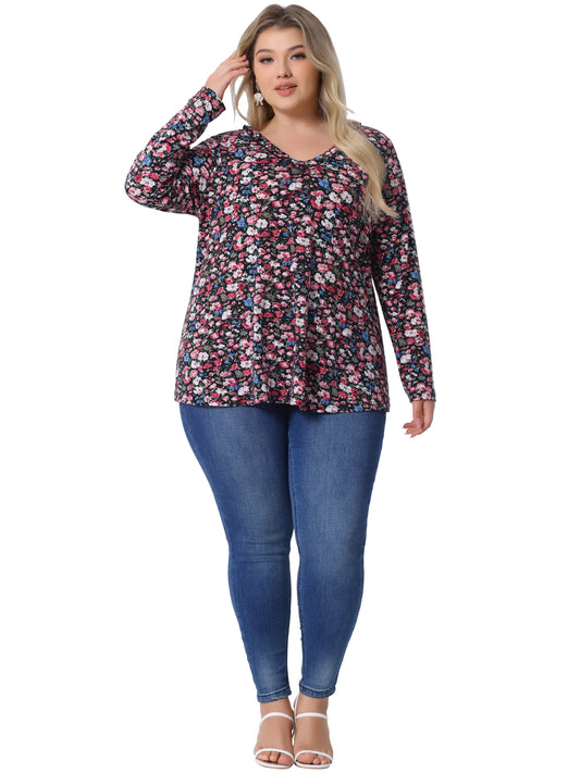Women Plus Size Floral Tops V Neck Long Sleeve Ruffle Tunic Blouse