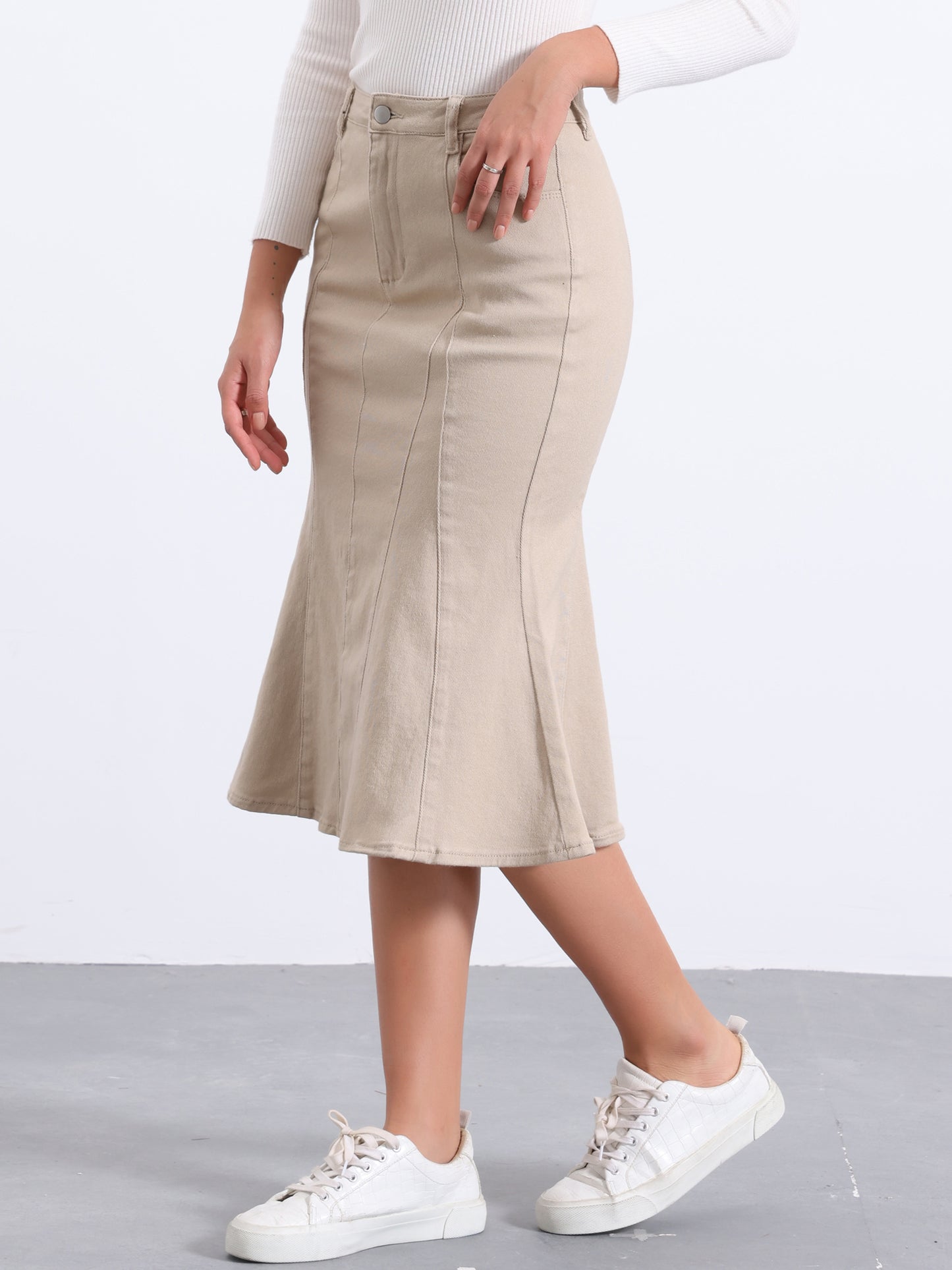 Falda vaquera midi ajustada de cintura alta con volantes y cola de pez para mujer