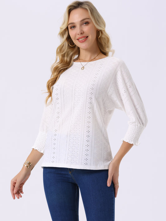 Women's Batwing 3/4 Sleeve Tops Summer Casual Eyelet Blouse Crewneck Tunic T-Shirt