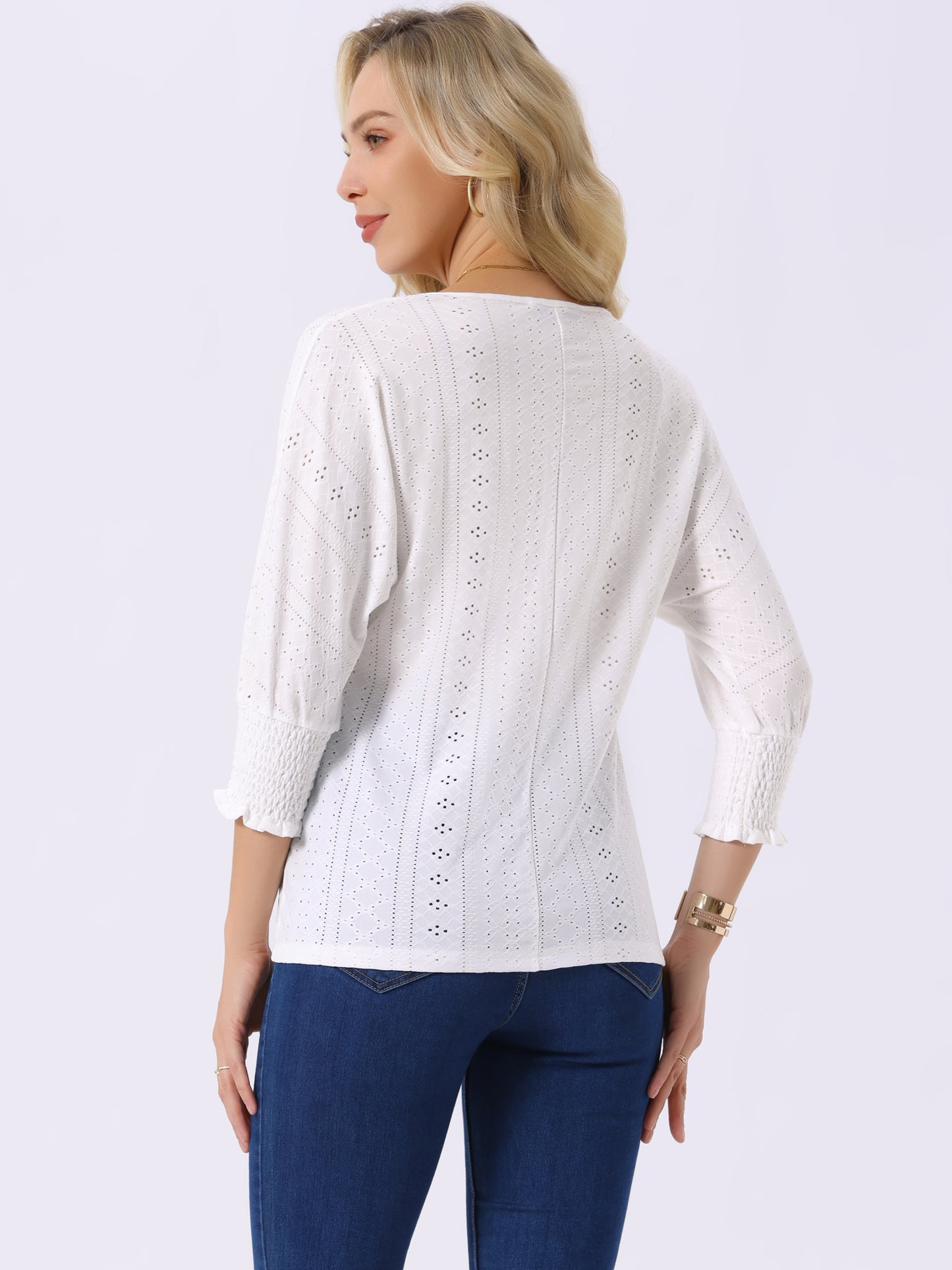Women's Batwing 3/4 Sleeve Tops Summer Casual Eyelet Blouse Crewneck Tunic T-Shirt