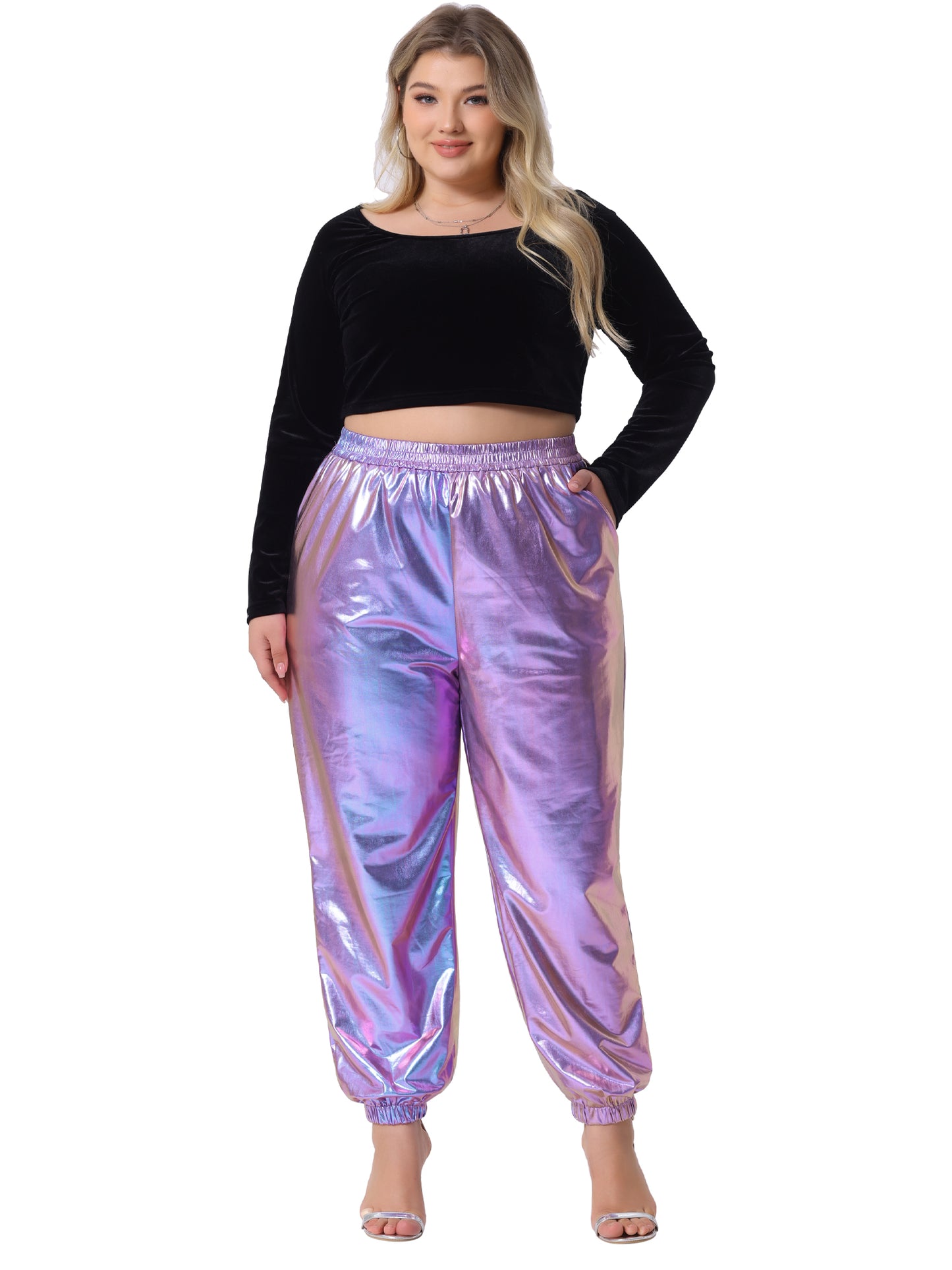 Women Plus Size Jogger Pants Metallic Shiny High Waist Stretchy Wear Holographic Trousers Sweatpant