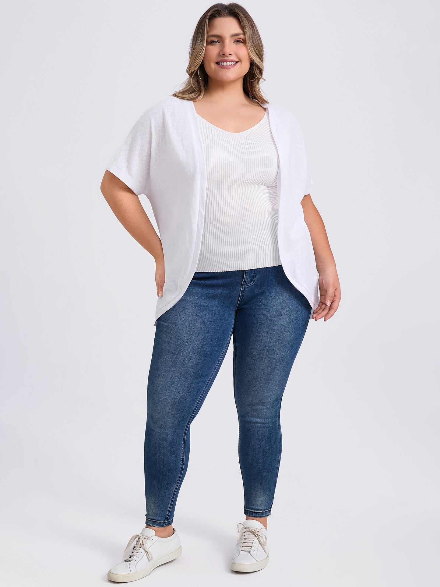 Women Plus Size Open Front Short Sleeves Loose Fit Knit Solid Cardigans