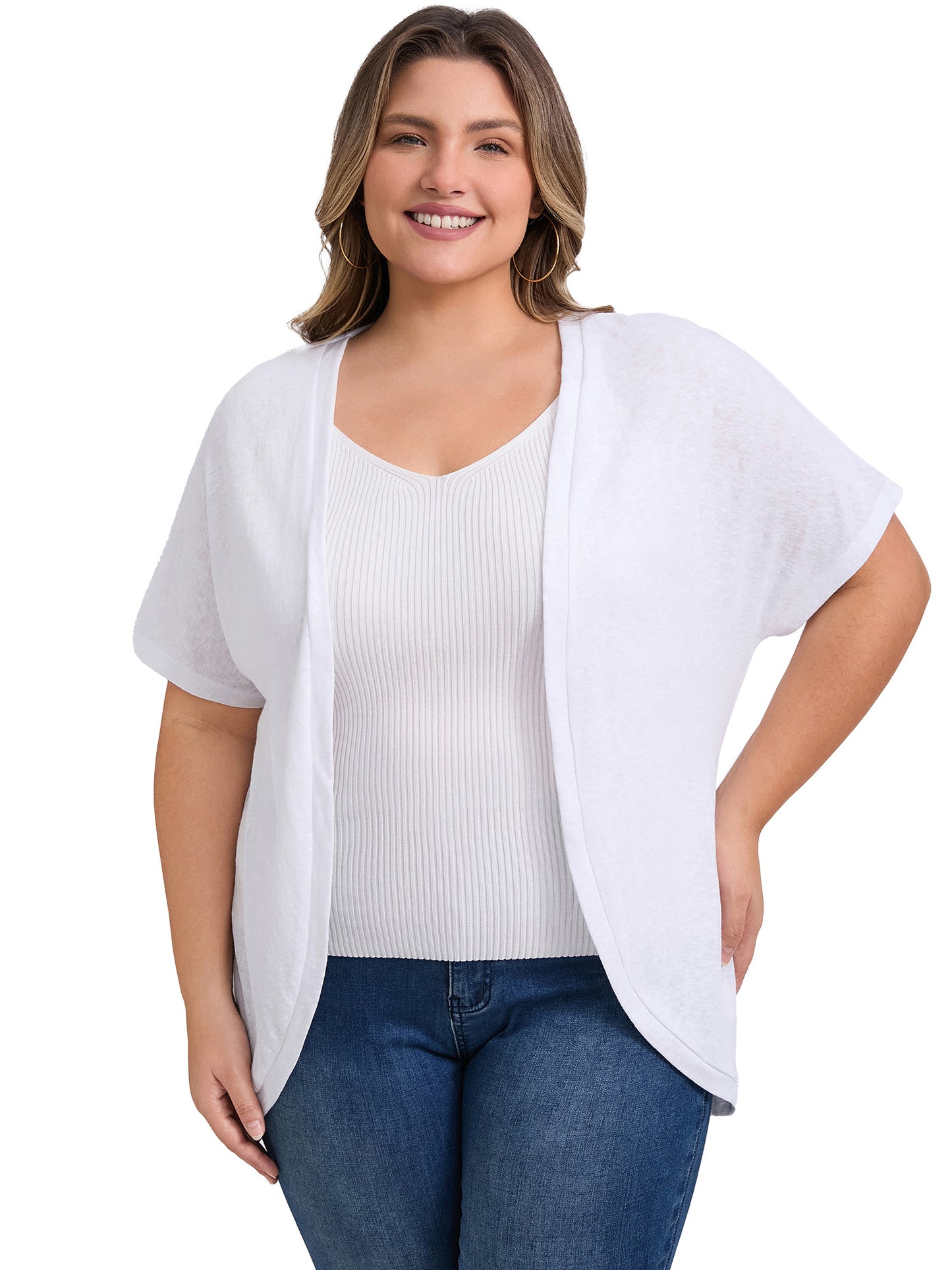 Women Plus Size Open Front Short Sleeves Loose Fit Knit Solid Cardigans