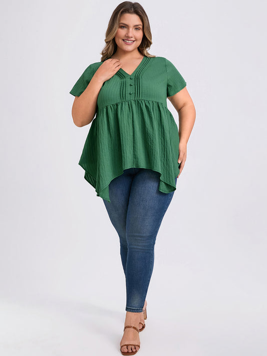 Women Plus Size Tunic Texture V Neck Short Sleeve Pintuck Blouse Button Decor Hanky Asymmetric Hem Babydoll Top