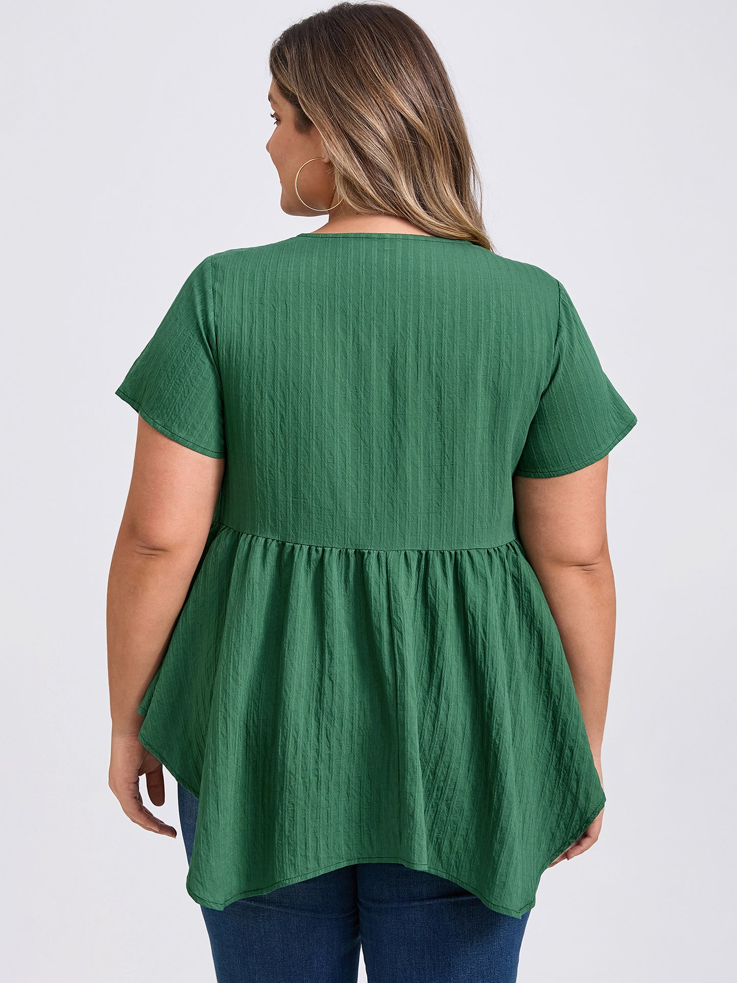 Women Plus Size Tunic Texture V Neck Short Sleeve Pintuck Blouse Button Decor Hanky Asymmetric Hem Babydoll Top