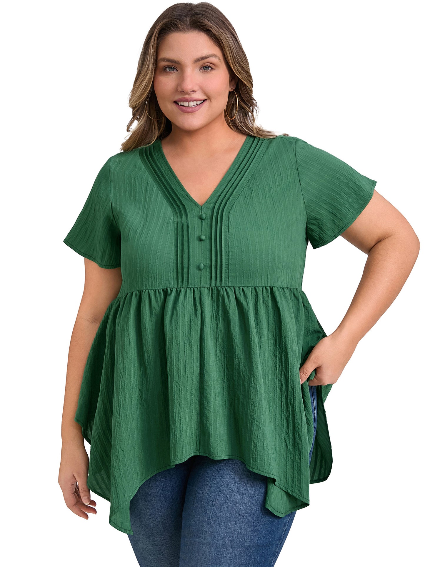 Women Plus Size Tunic Texture V Neck Short Sleeve Pintuck Blouse Button Decor Hanky Asymmetric Hem Babydoll Top