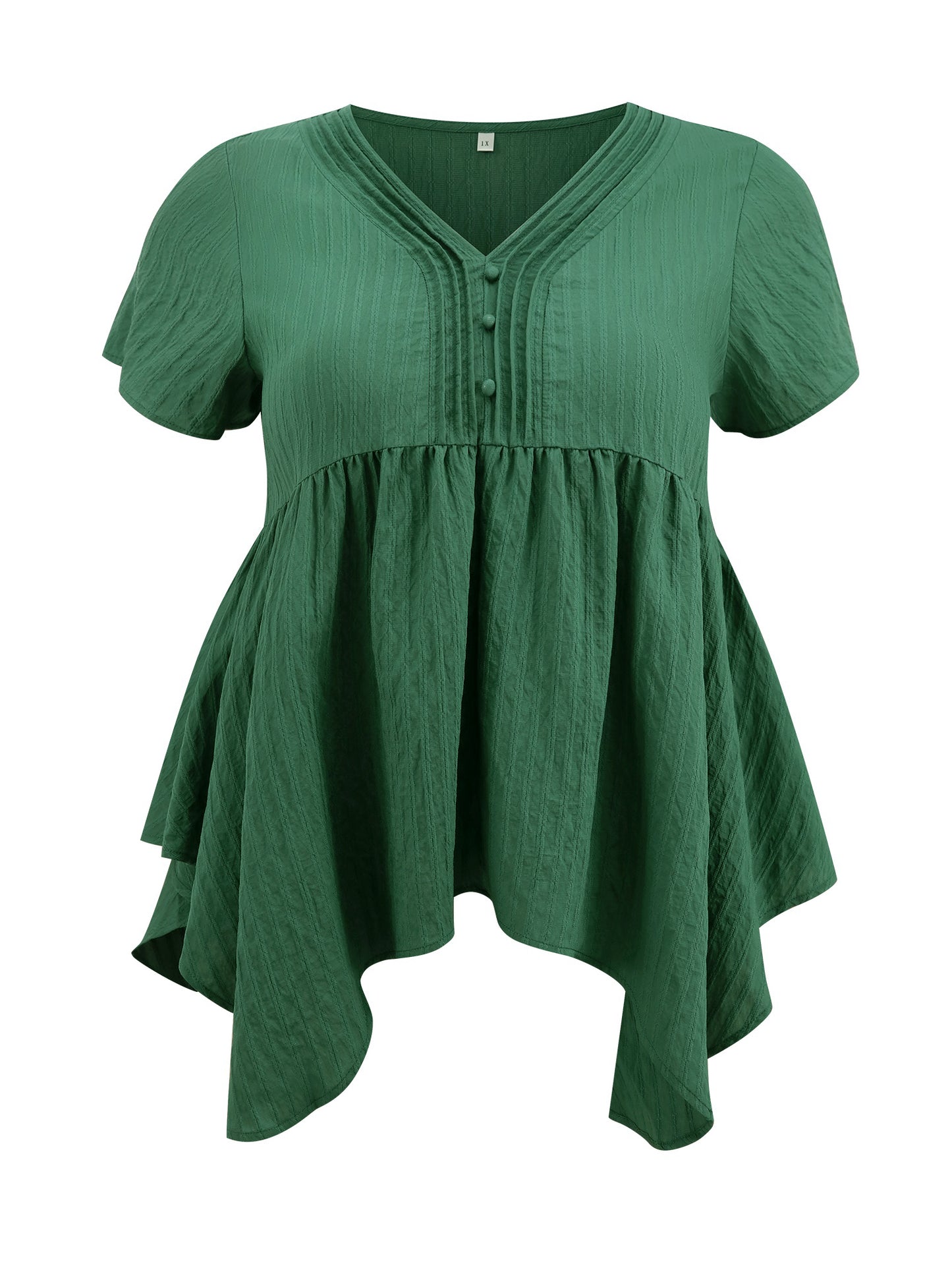Women Plus Size Tunic Texture V Neck Short Sleeve Pintuck Blouse Button Decor Hanky Asymmetric Hem Babydoll Top