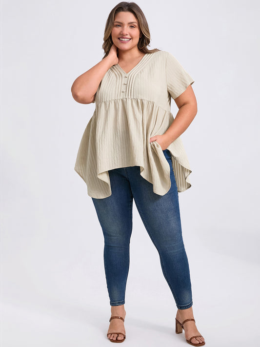 Women Plus Size Tunic Texture V Neck Short Sleeve Pintuck Blouse Button Decor Hanky Asymmetric Hem Babydoll Top