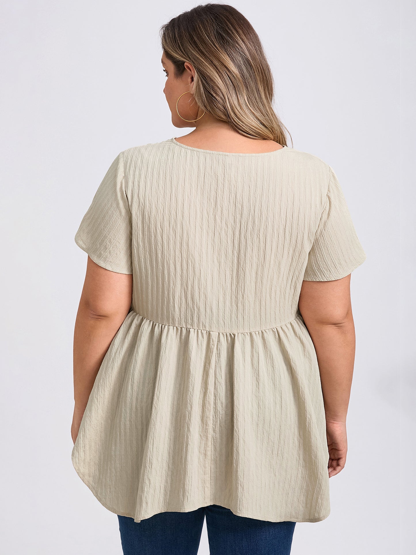 Women Plus Size Tunic Texture V Neck Short Sleeve Pintuck Blouse Button Decor Hanky Asymmetric Hem Babydoll Top