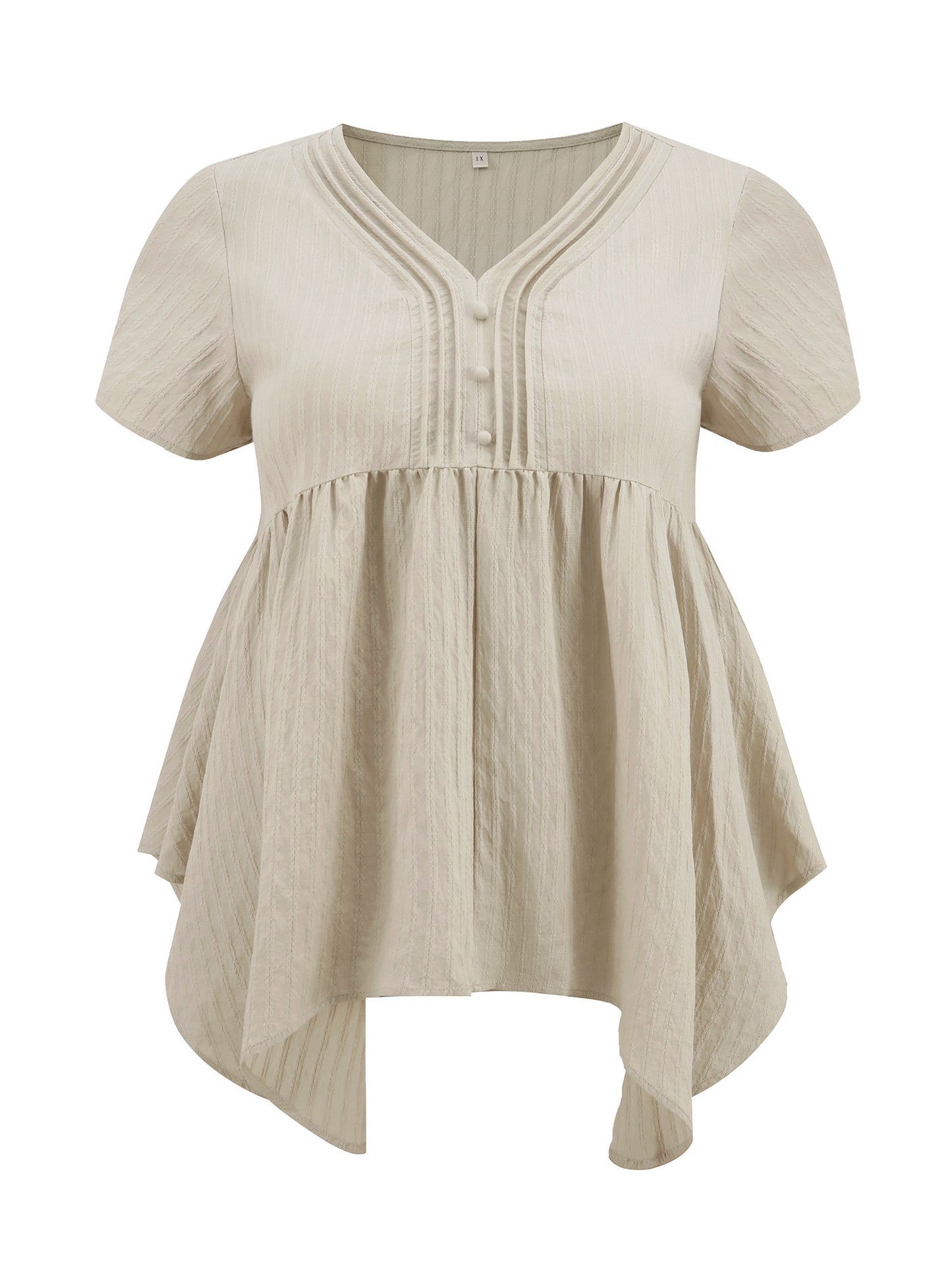 Women Plus Size Tunic Texture V Neck Short Sleeve Pintuck Blouse Button Decor Hanky Asymmetric Hem Babydoll Top