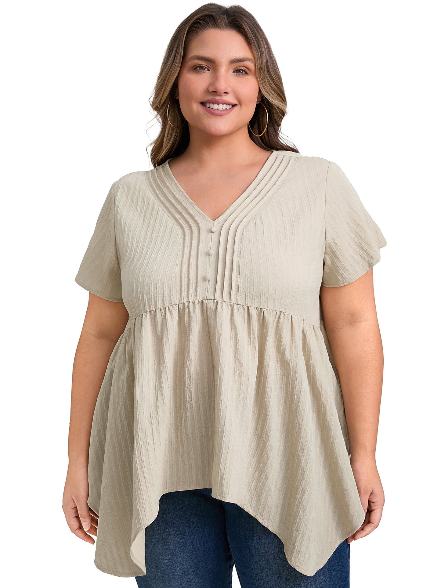 Women Plus Size Tunic Texture V Neck Short Sleeve Pintuck Blouse Button Decor Hanky Asymmetric Hem Babydoll Top