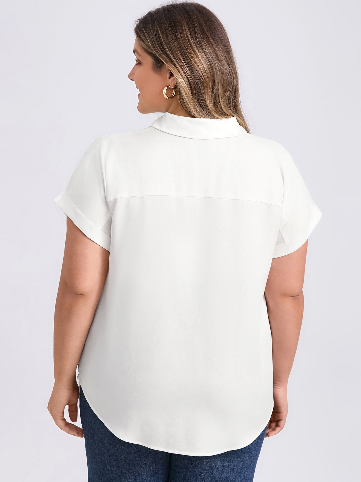Women Plus Size Shirt Button Down Lapel Rolled Cuffed Short Sleeve Collared Casual Top