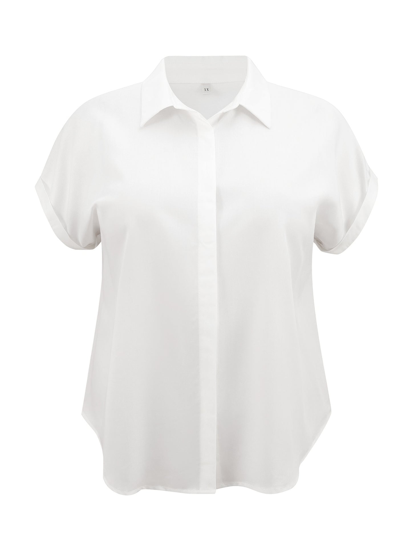 Women Plus Size Shirt Button Down Lapel Rolled Cuffed Short Sleeve Collared Casual Top