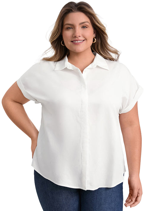Women Plus Size Shirt Button Down Lapel Rolled Cuffed Short Sleeve Collared Casual Top