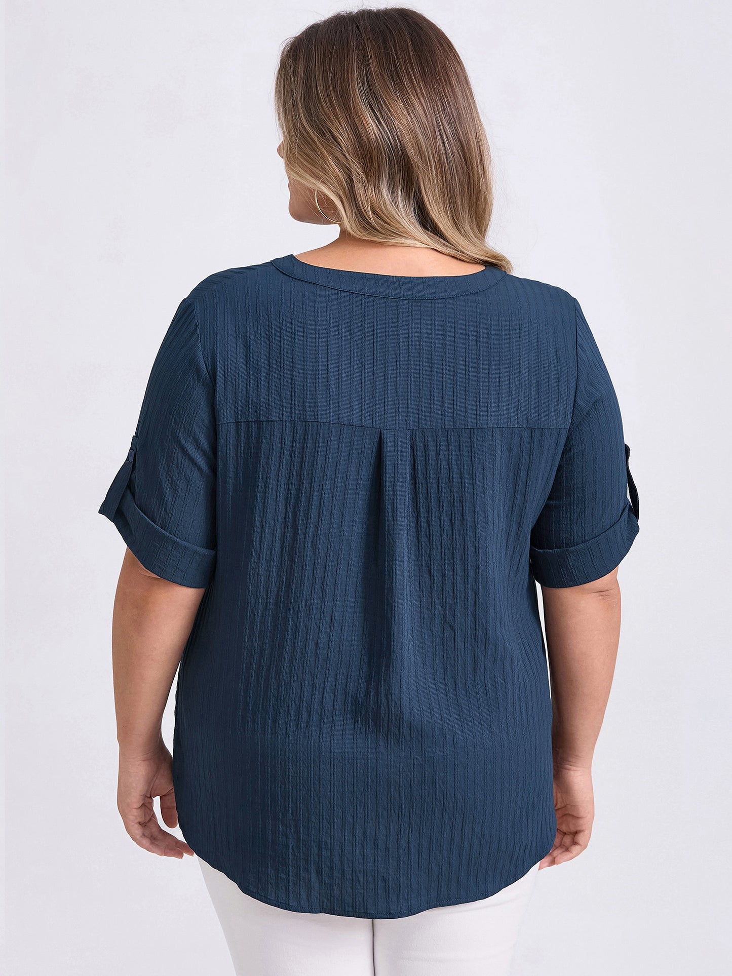 Women Plus Size Shirt Textual Mandarin Collar V Neck 3/4 Sleeve Button Down Casual Tops with Pocket