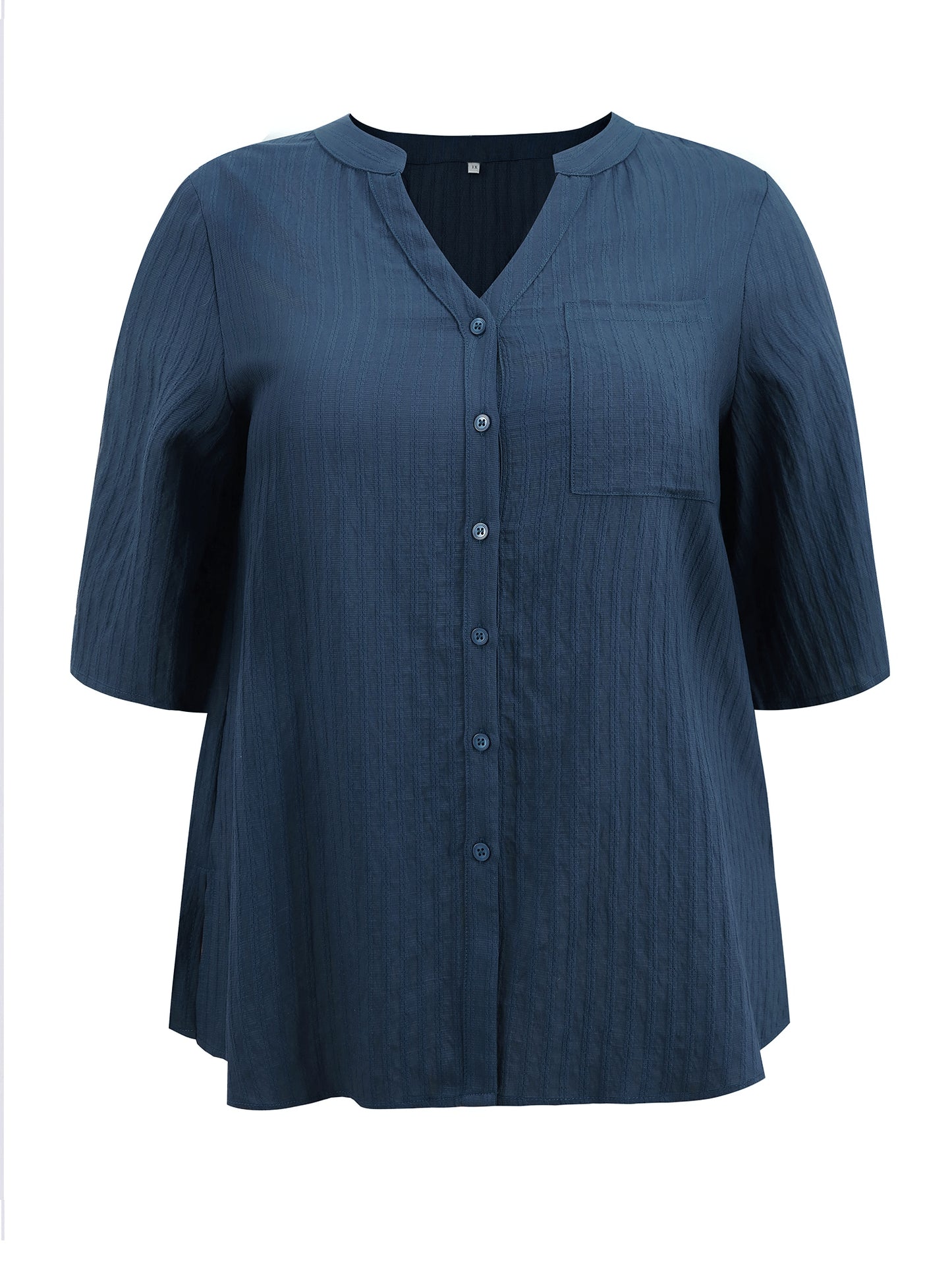 Women Plus Size Shirt Textual Mandarin Collar V Neck 3/4 Sleeve Button Down Casual Tops with Pocket