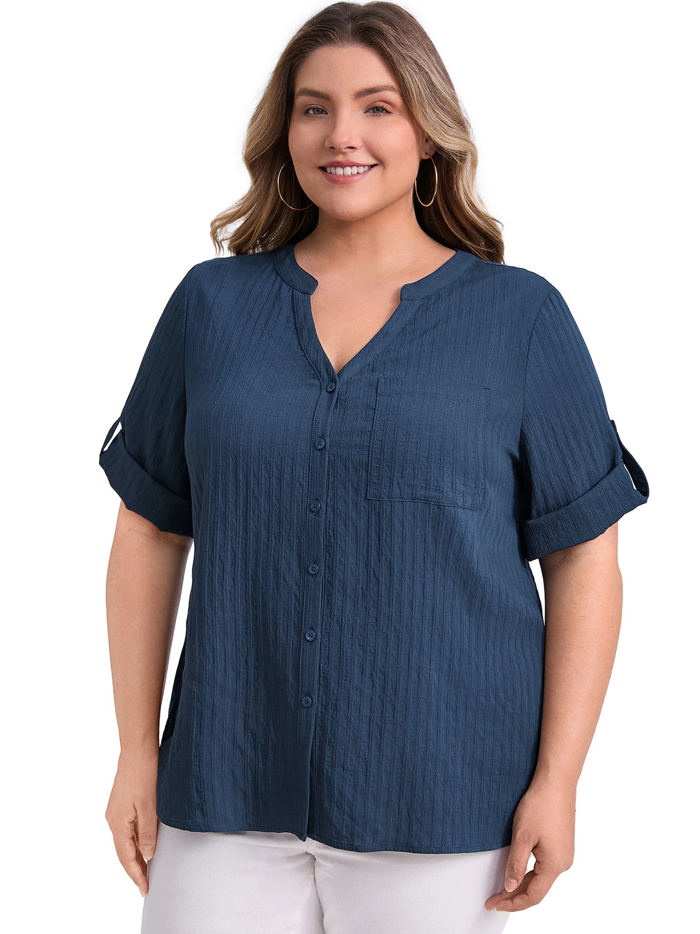 Women Plus Size Shirt Textual Mandarin Collar V Neck 3/4 Sleeve Button Down Casual Tops with Pocket
