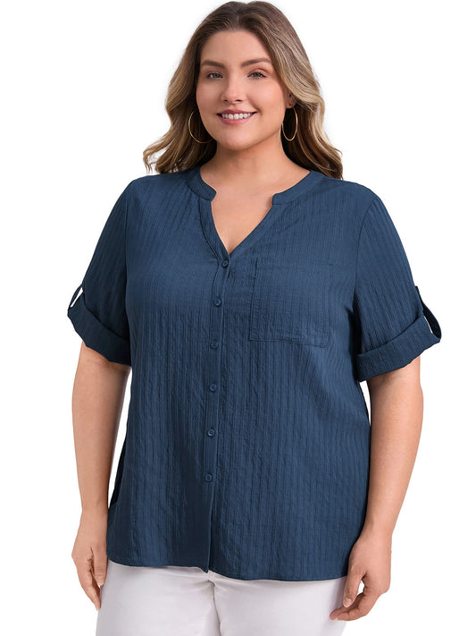 Women Plus Size Shirt Textual Mandarin Collar V Neck 3/4 Sleeve Button Down Casual Tops with Pocket