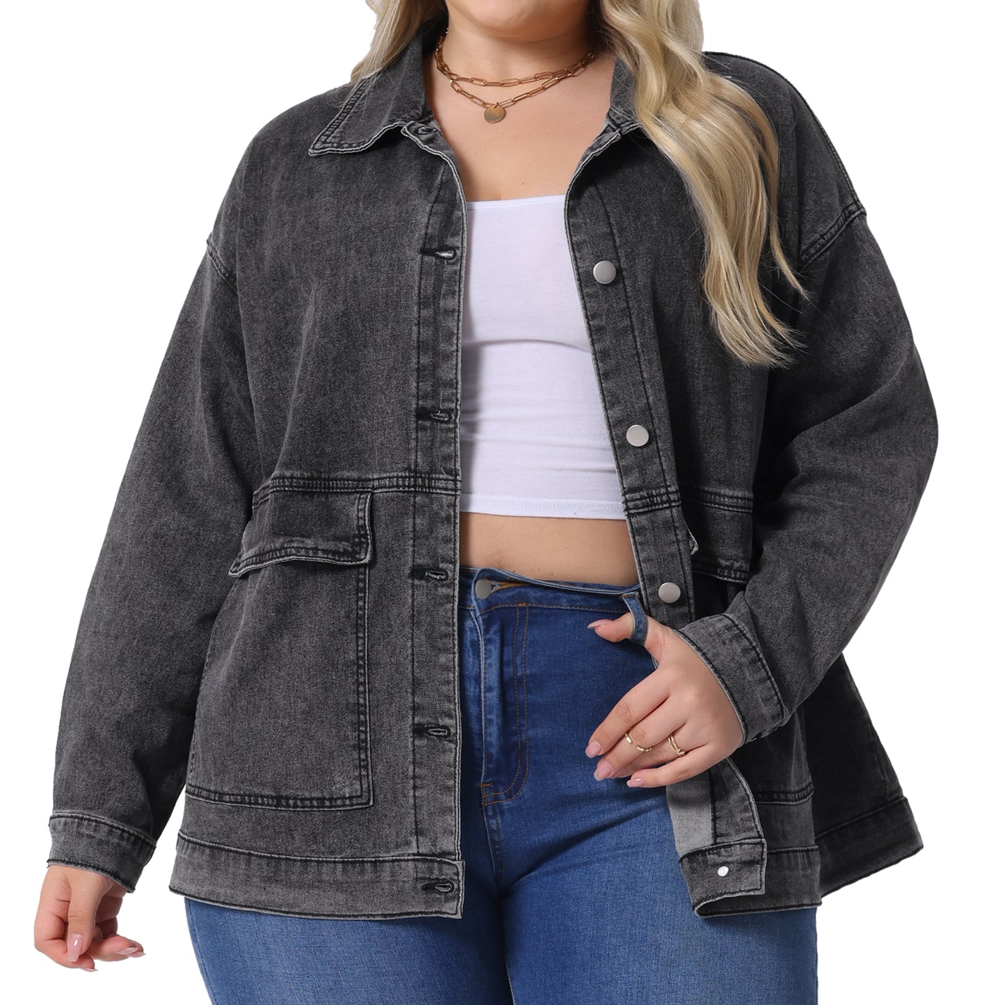 Chaqueta vaquera informal de manga larga con bolsillos para mujer, talla grande
