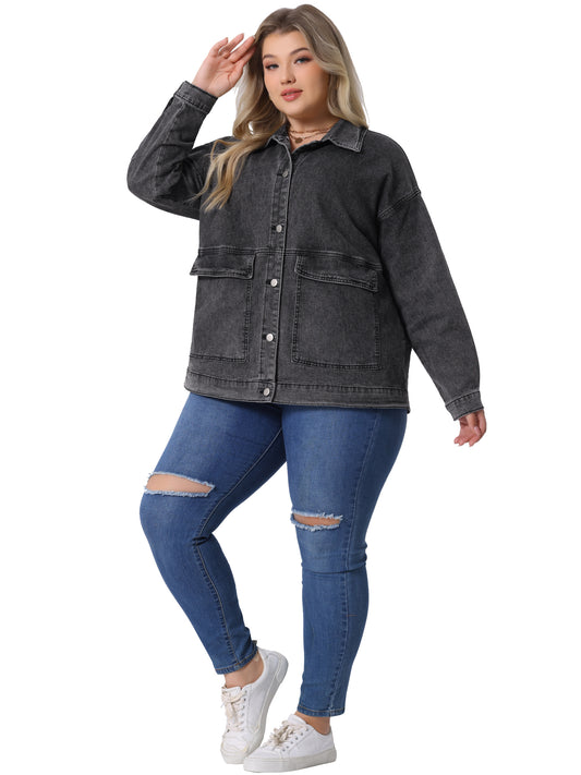 Chaqueta vaquera informal de manga larga con bolsillos para mujer, talla grande