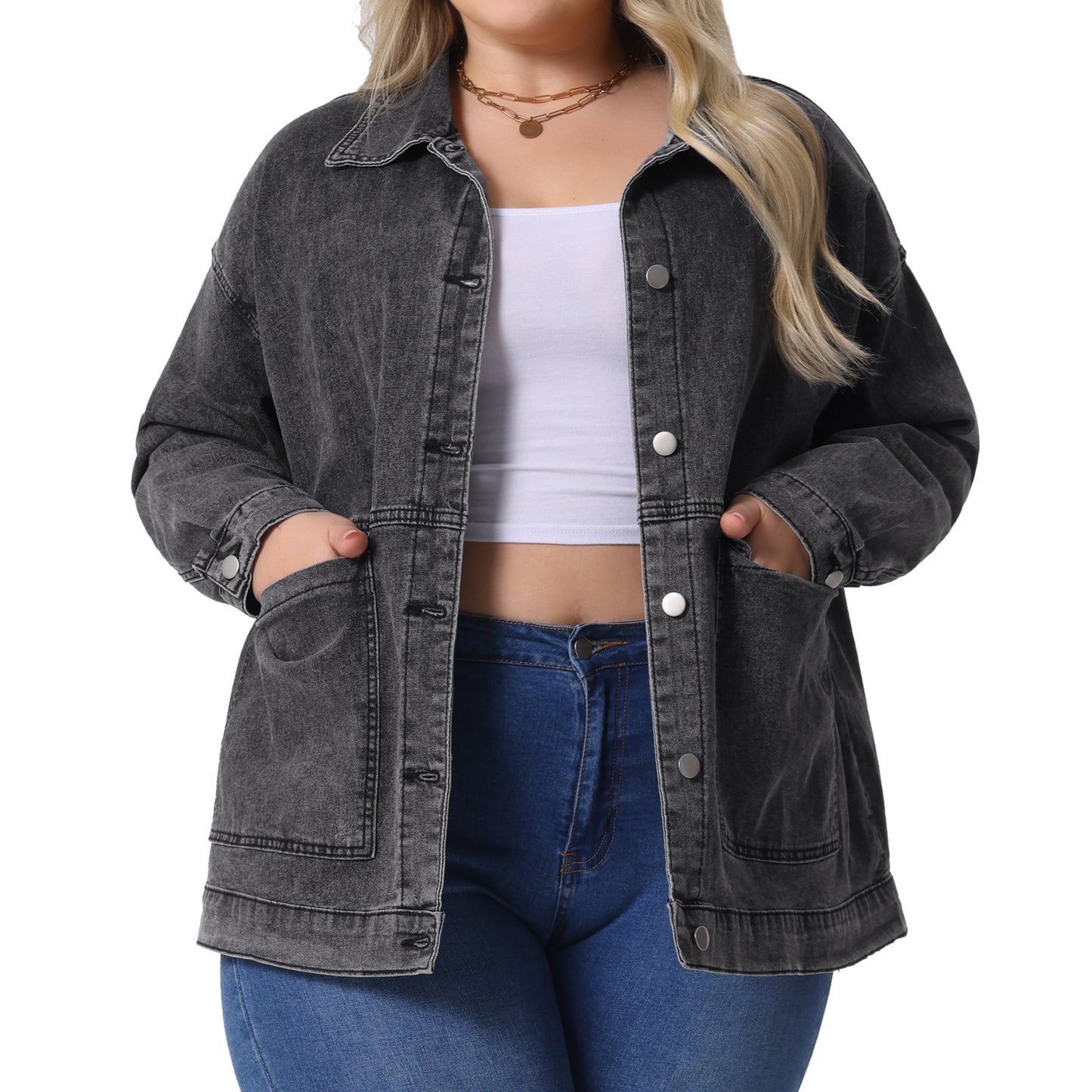 Chaqueta vaquera informal de manga larga con bolsillos para mujer, talla grande