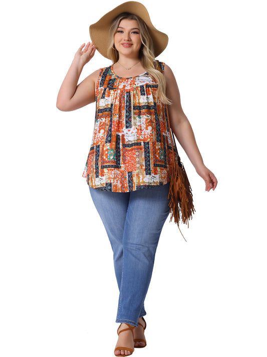Women Plus Size Boho Round Neck Pleated Sleeveless Curved Hem Flowy Tank Top