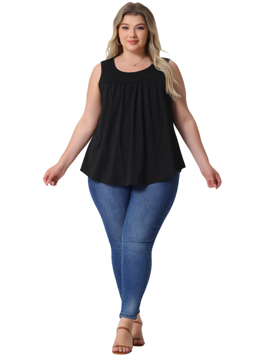 Women Plus Size Boho Round Neck Pleated Sleeveless Curved Hem Flowy Tank Top