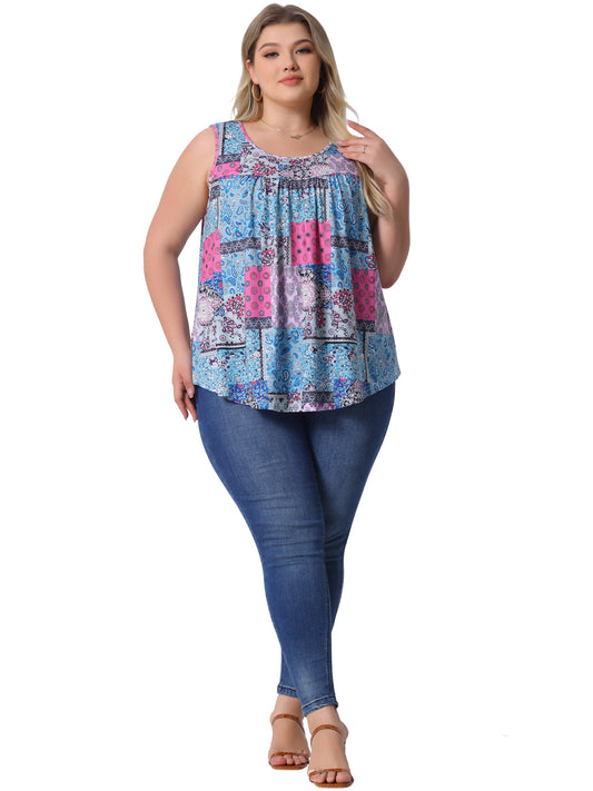 Women Plus Size Boho Round Neck Pleated Sleeveless Curved Hem Flowy Tank Top