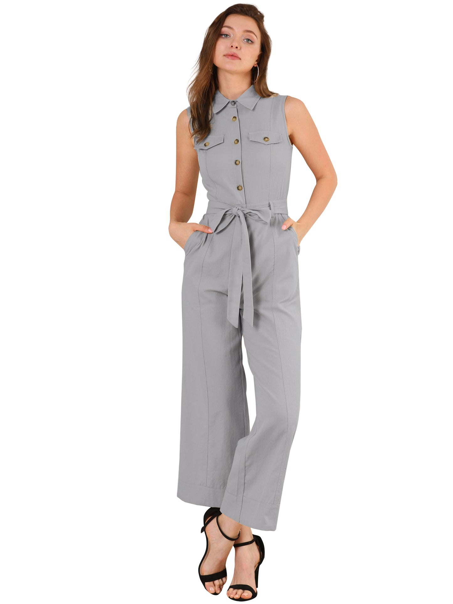 Women's Wide Leg Jumpsuit Sleeveless Collared Tie Waist Coverall Button Down Cargo Jumpsuits