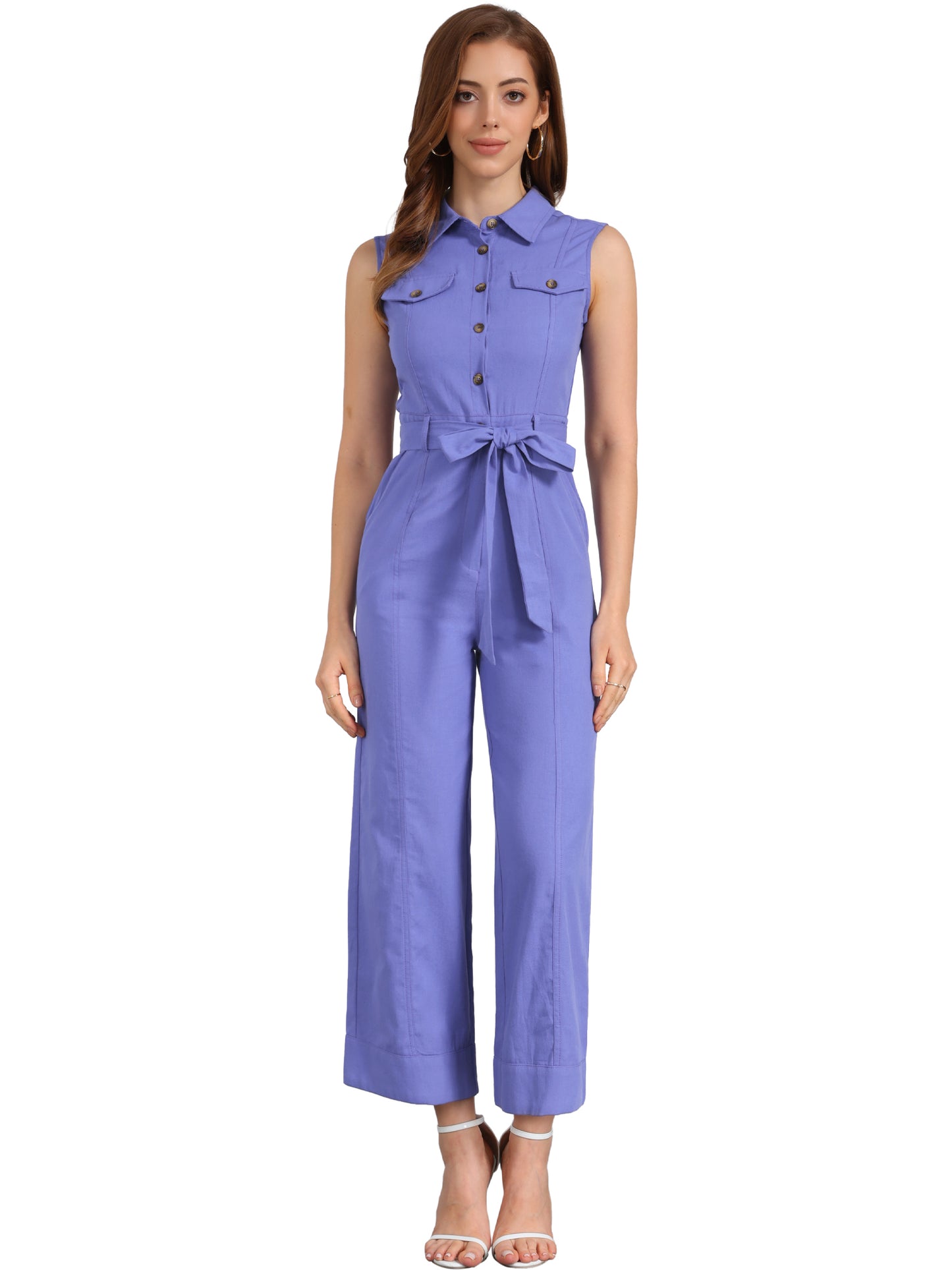 Women's Wide Leg Jumpsuit Sleeveless Collared Tie Waist Coverall Button Down Cargo Jumpsuits