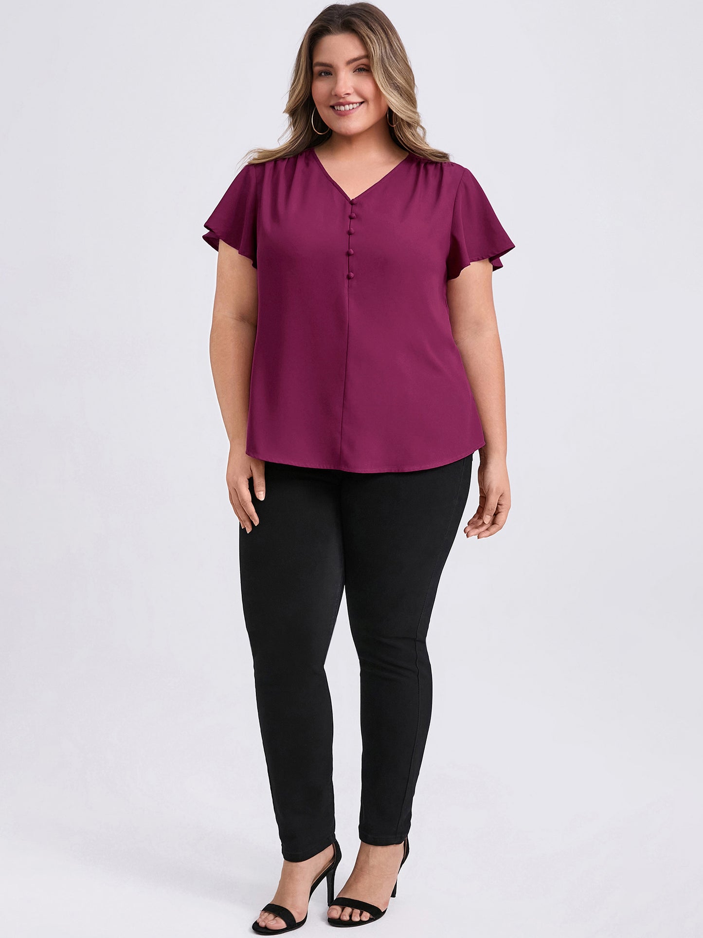 [PACK SALES] Women's Plus Size 2 Pieces Tops V Neck Short Sleeves Pleated Casual Loose Fit Blouses