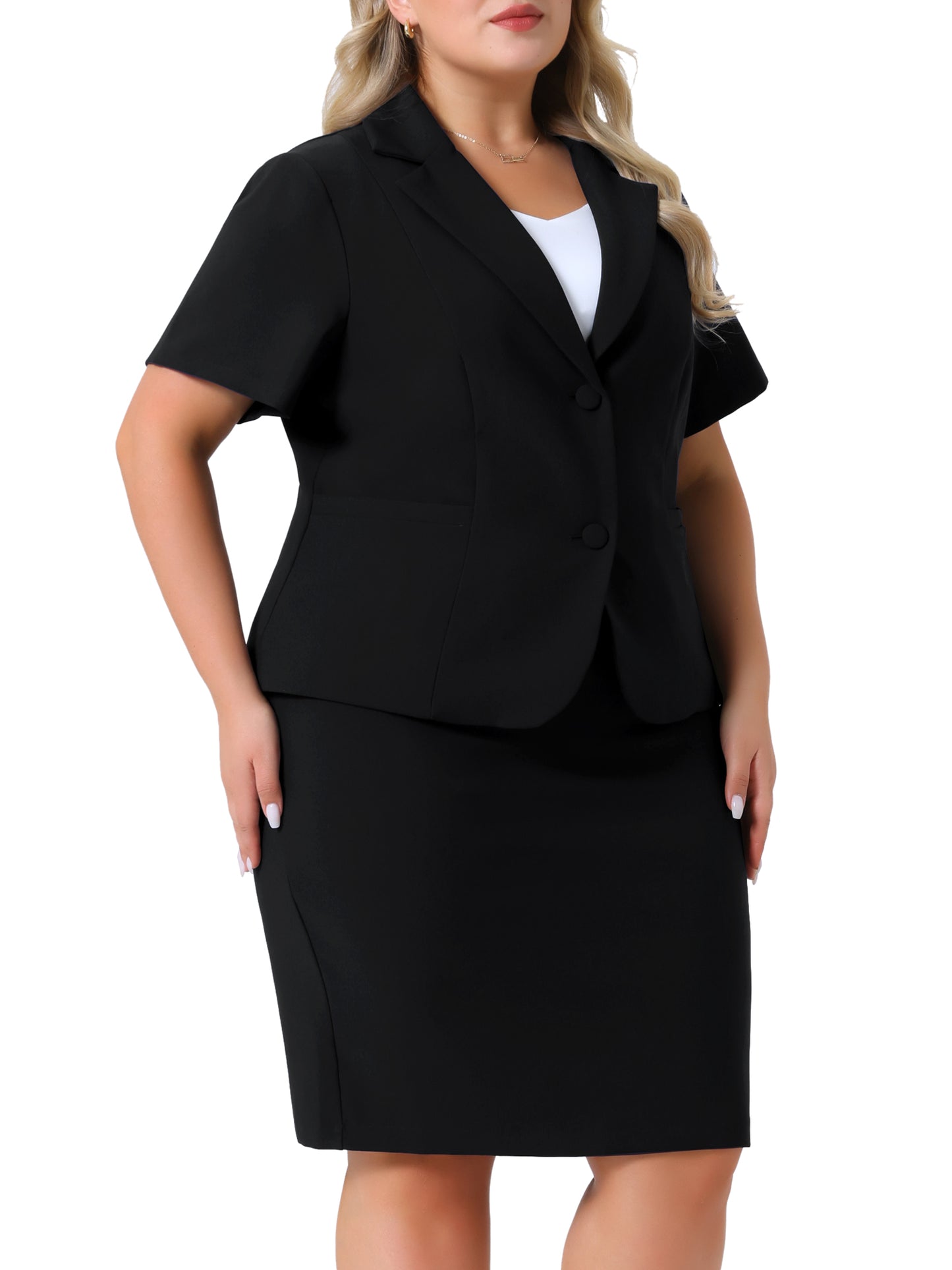 Women Plus Size Blazer Suits Notch Lapel Short Sleeve Office Pencil Skirt Business Skirt Set