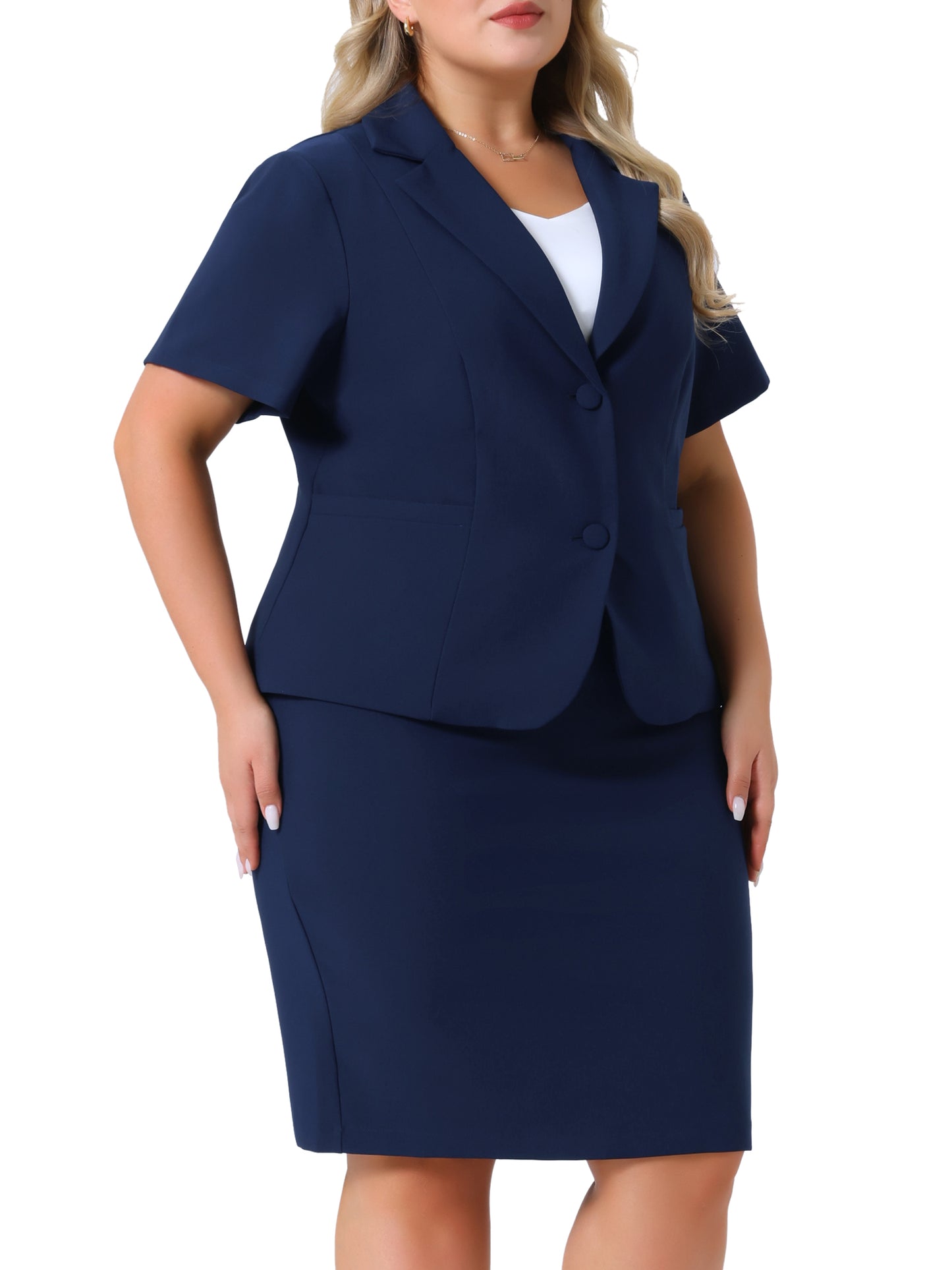Women Plus Size Blazer Suits Notch Lapel Short Sleeve Office Pencil Skirt Business Skirt Set