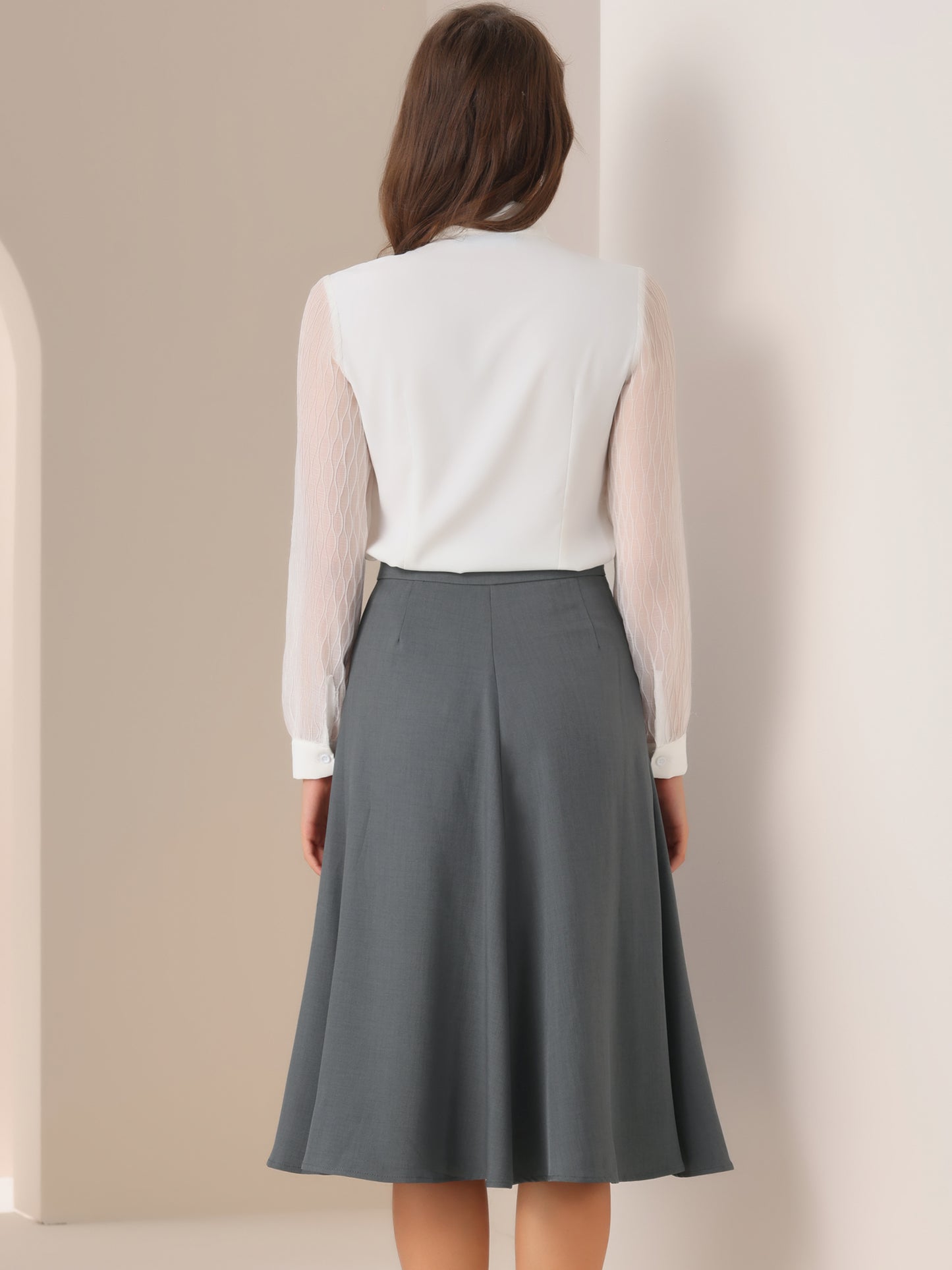 Women Side Zipper High Waist Elegant Flared Flowy A Line Work Midi Skirt