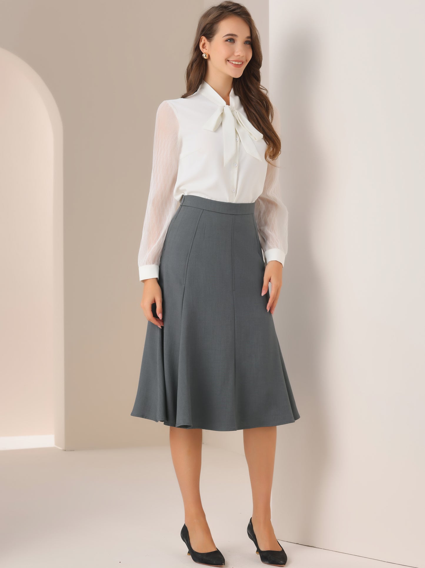 Women Side Zipper High Waist Elegant Flared Flowy A Line Work Midi Skirt