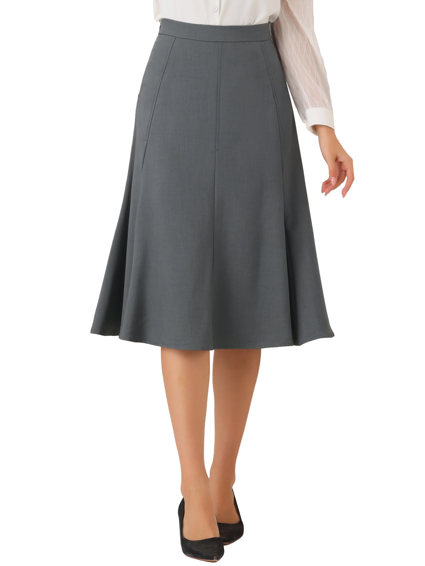 Women Side Zipper High Waist Elegant Flared Flowy A Line Work Midi Skirt