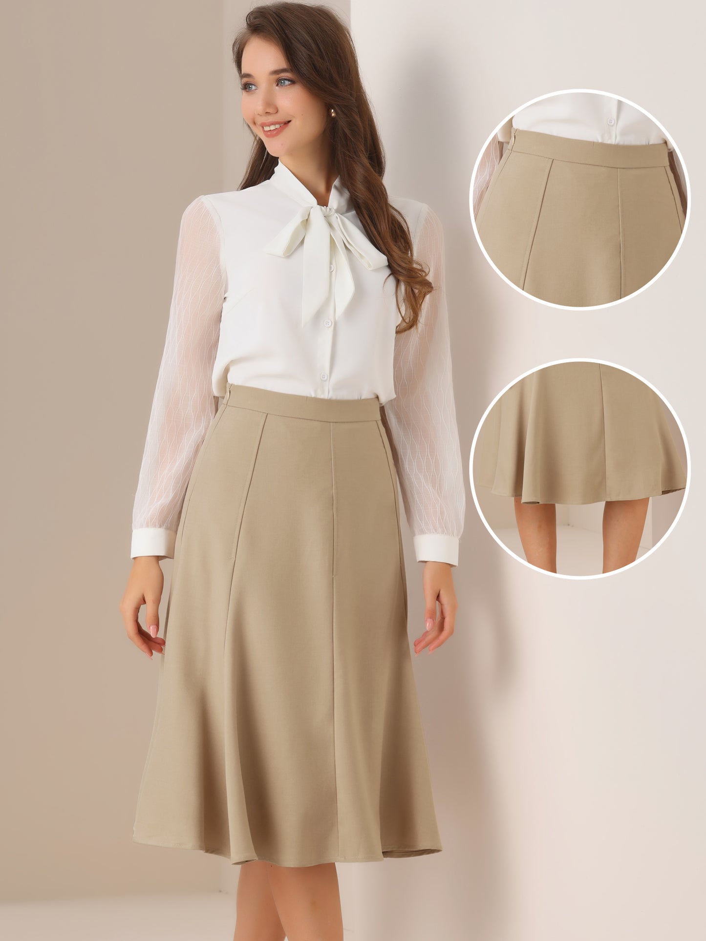 Women Side Zipper High Waist Elegant Flared Flowy A Line Work Midi Skirt