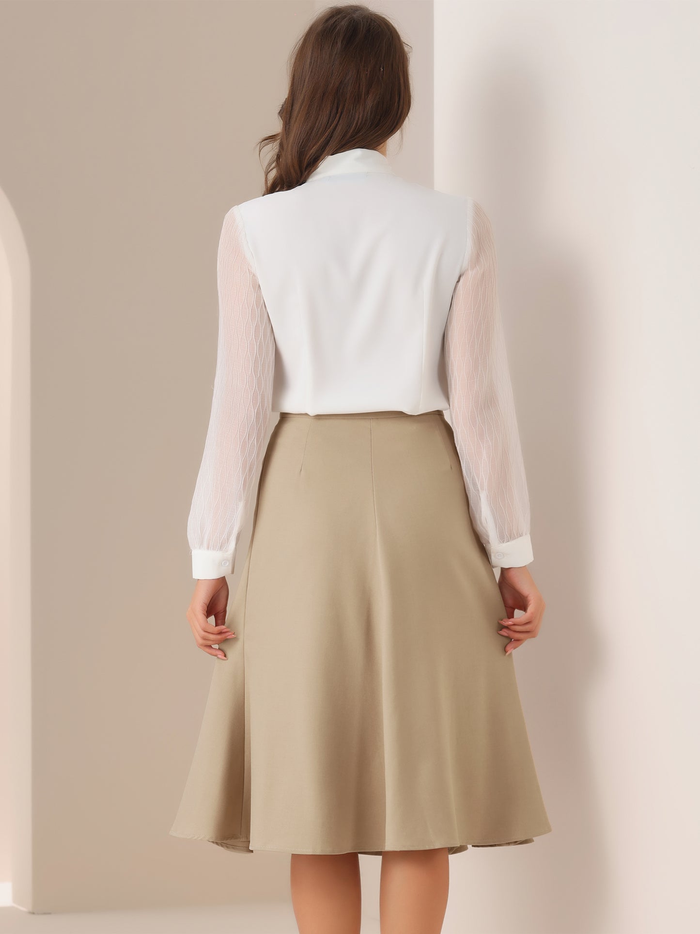 Women Side Zipper High Waist Elegant Flared Flowy A Line Work Midi Skirt