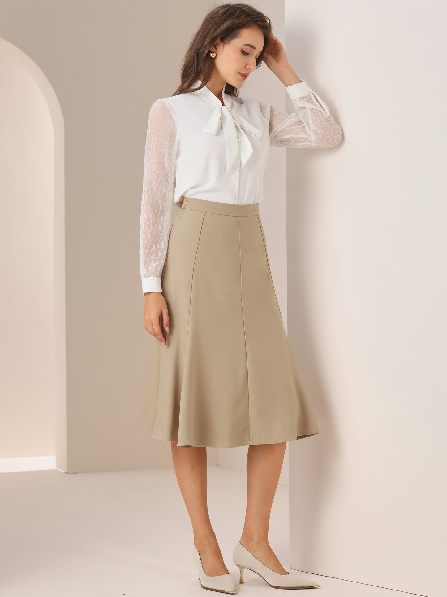 Women Side Zipper High Waist Elegant Flared Flowy A Line Work Midi Skirt