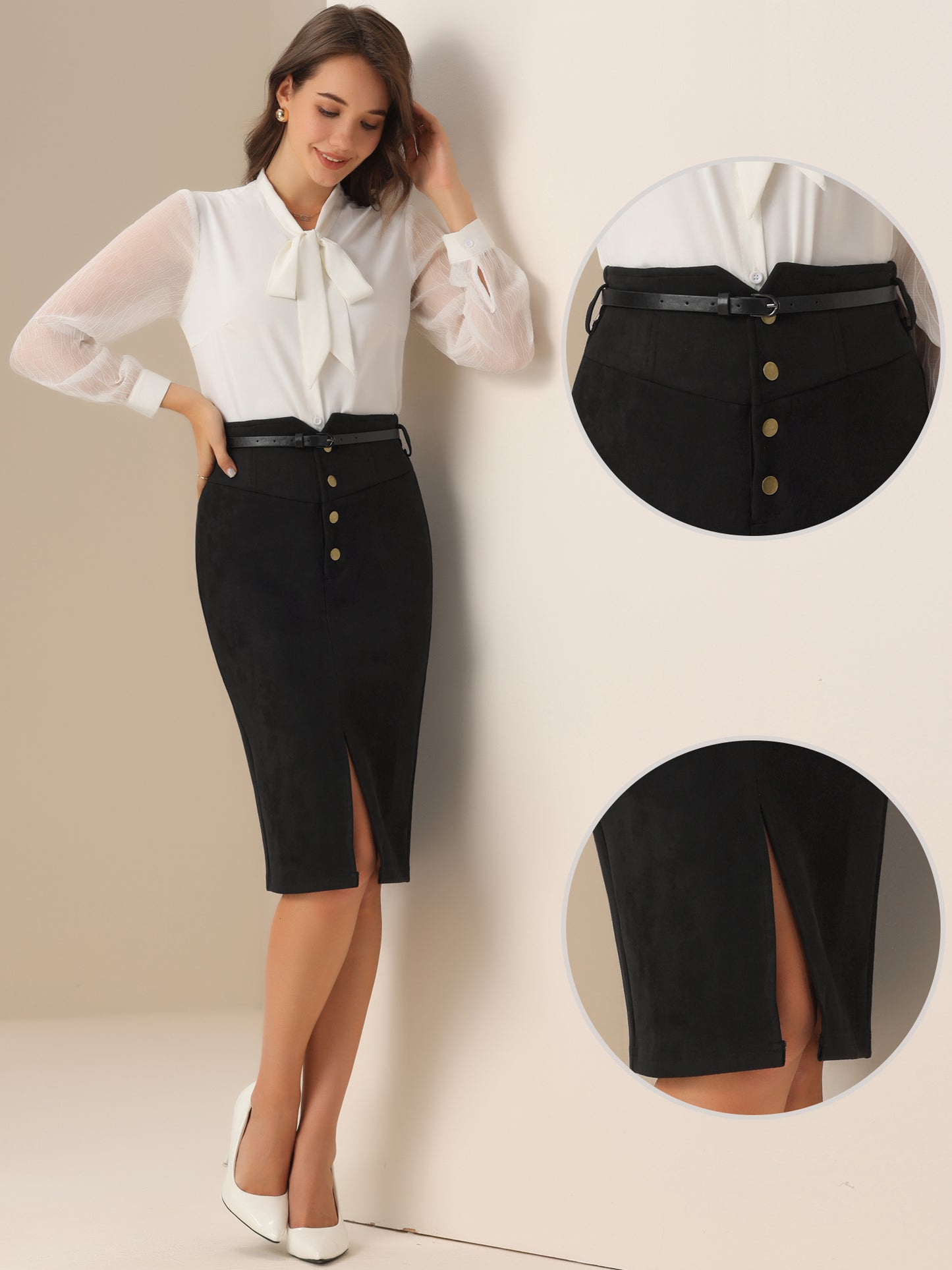 Women's Faux Suede Skirt High Rise Button Front A-line Slit Skirt