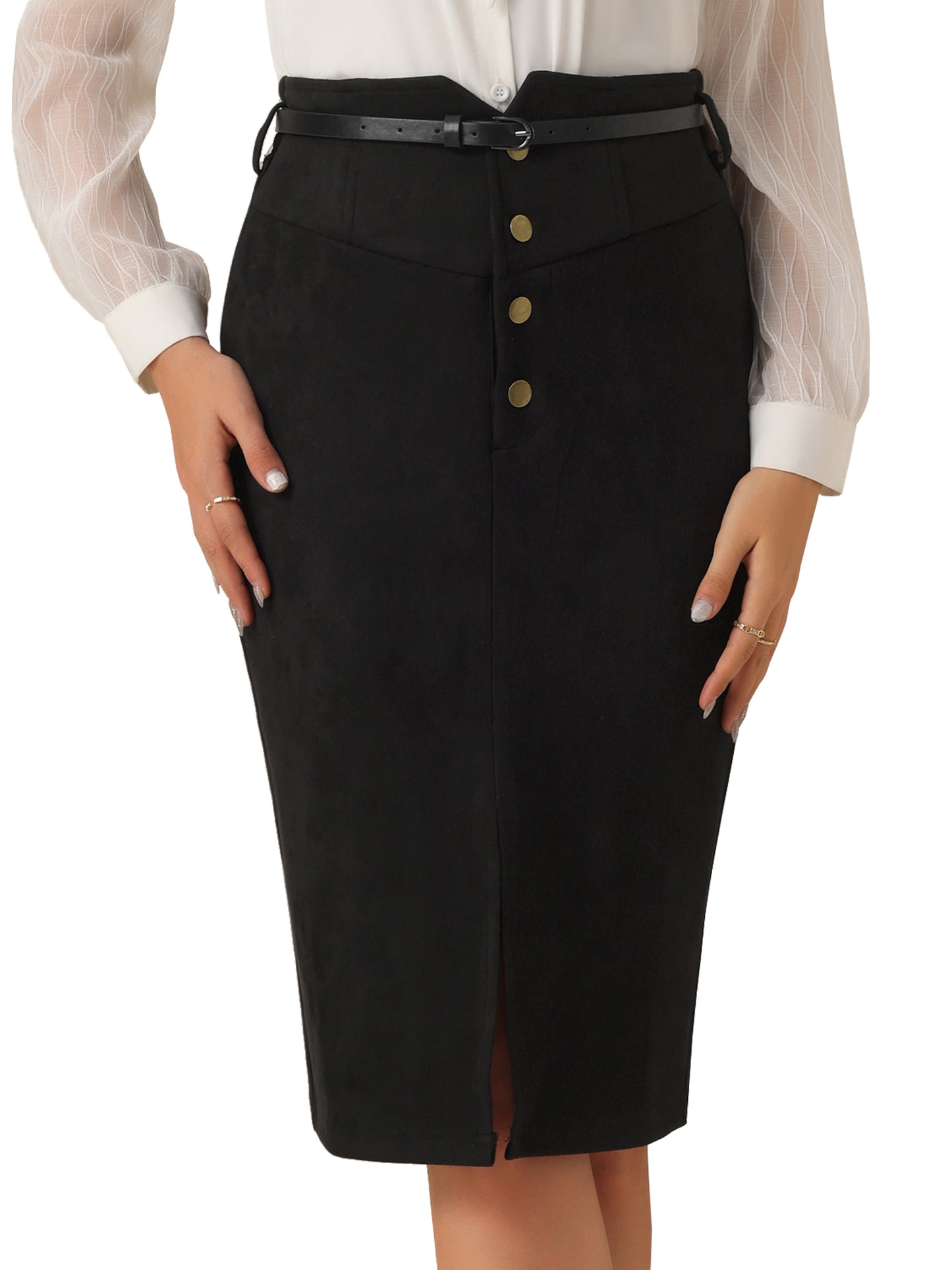 Women's Faux Suede Skirt High Rise Button Front A-line Slit Skirt