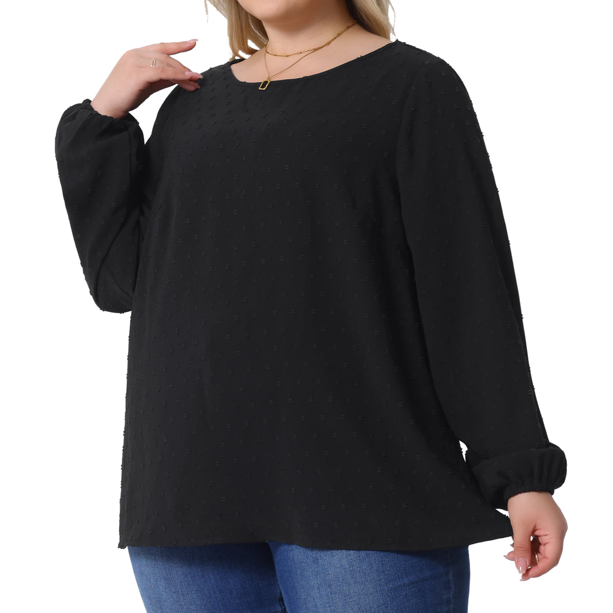 Women Plus Size Chiffon Swiss Dots Long Sleeve Blouses