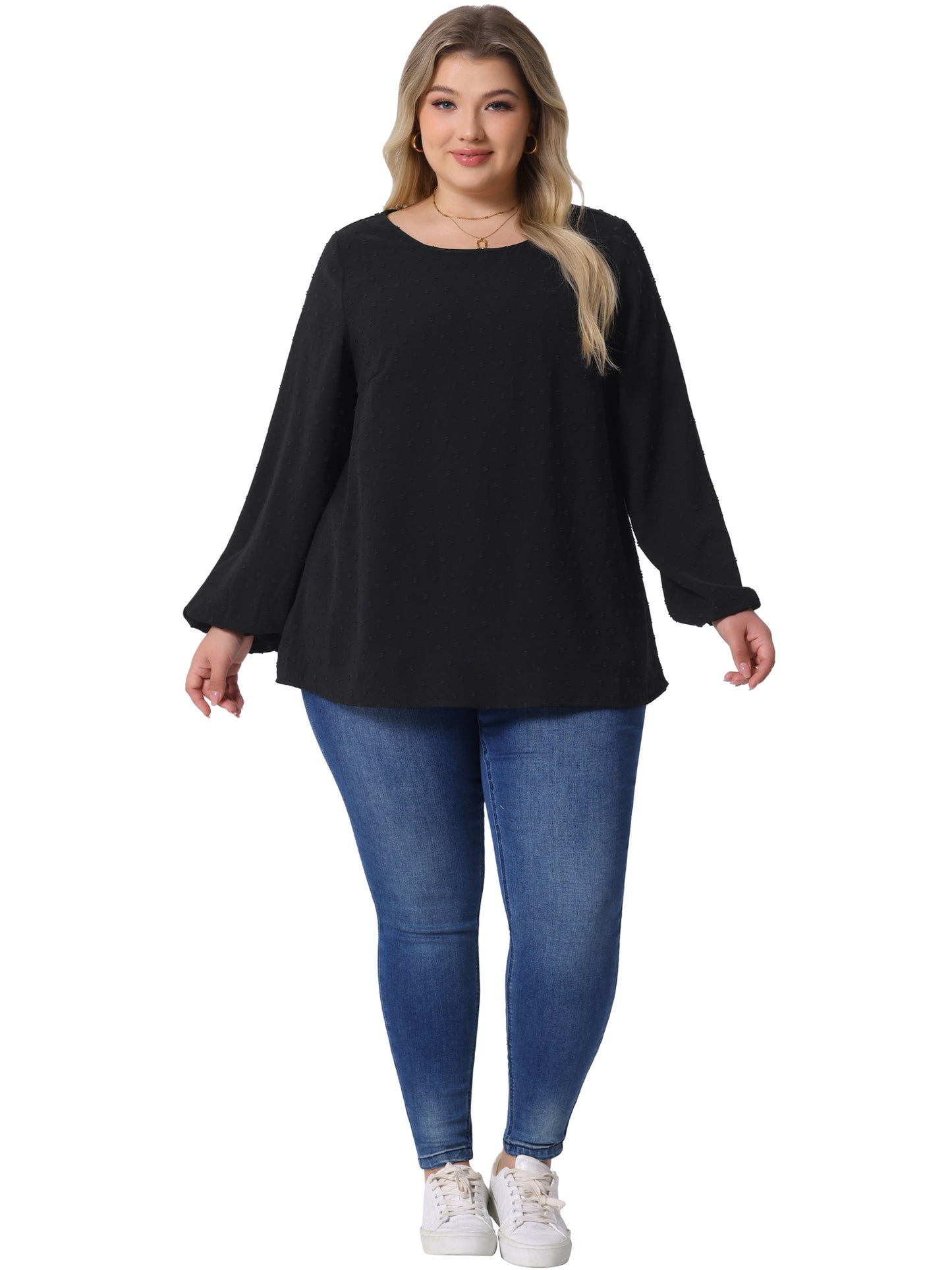 Women Plus Size Chiffon Swiss Dots Long Sleeve Blouses