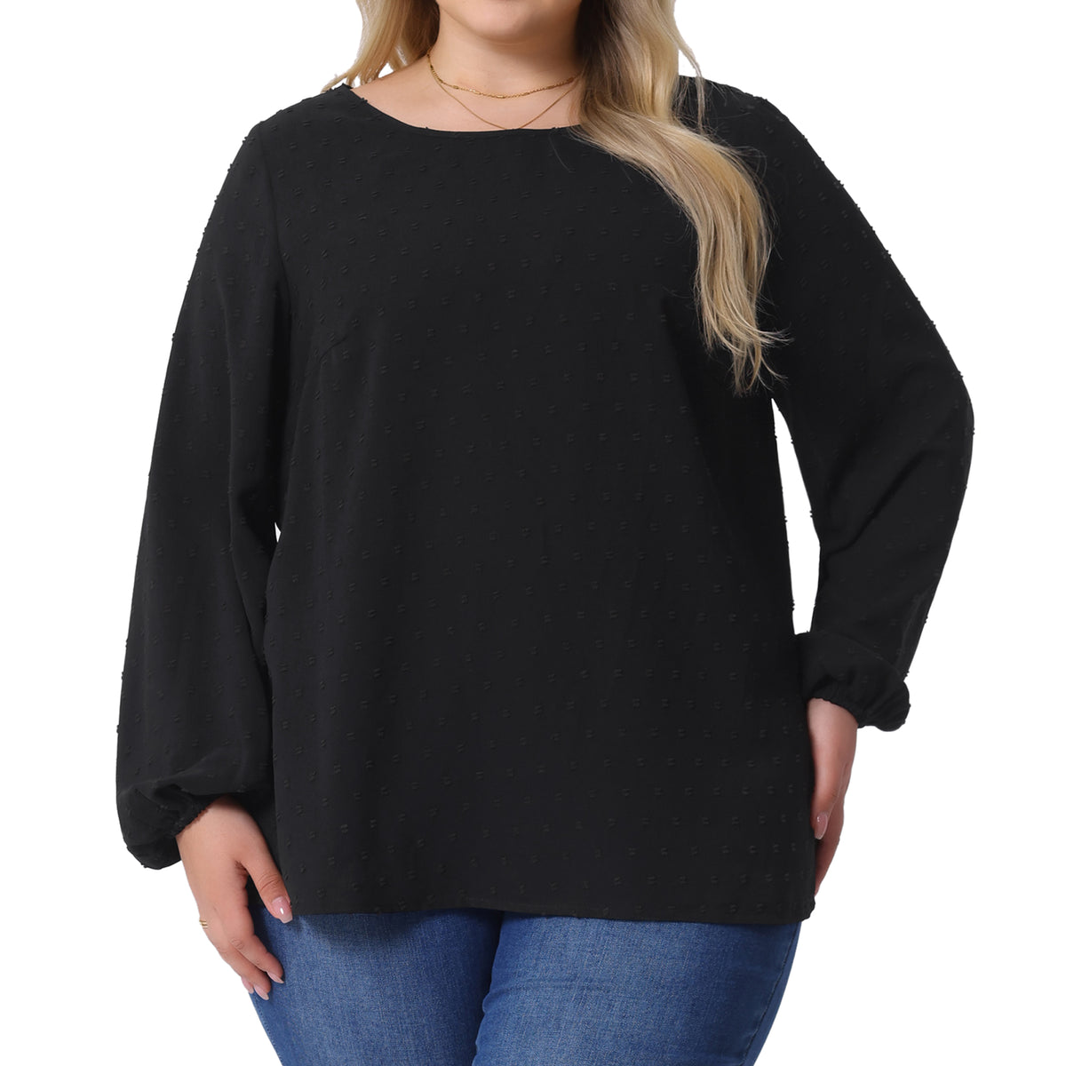 Women Plus Size Chiffon Swiss Dots Long Sleeve Blouses