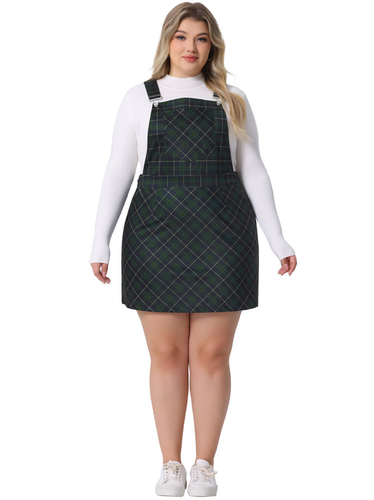Women Plus Size Overall Dress Vintage Plaid Printed Adjustable Straps Pinafore Dresses Suspender Skirt
