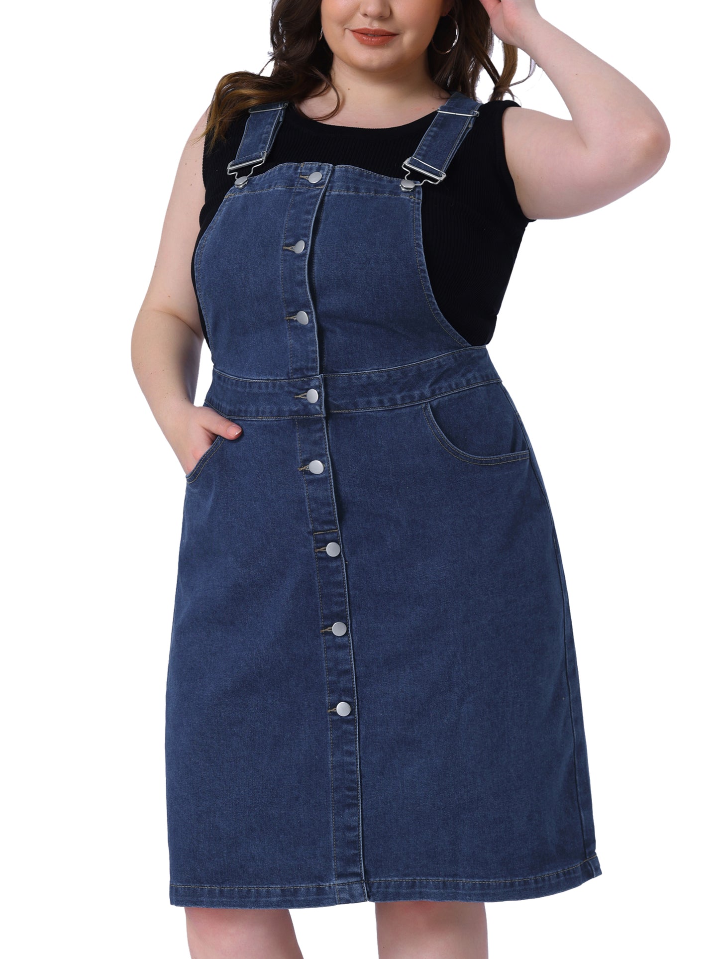 Women Plus Size Denim Overall Dress Button Front Adjustable Strap Suspender Skirt