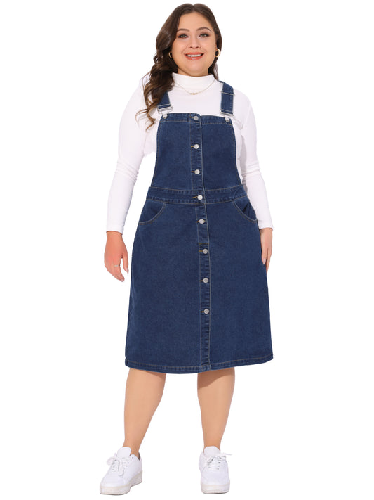 Women Plus Size Denim Overall Dress Button Front Adjustable Strap Suspender Skirt